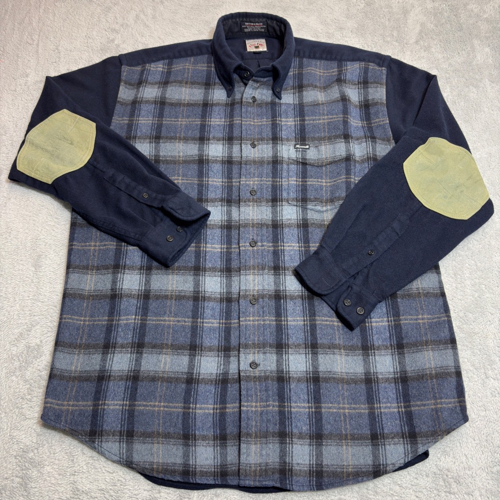 Faconnable Wool Blend Shirt Men's Large Blue Plaid Suede Elbow Patches Outdoor